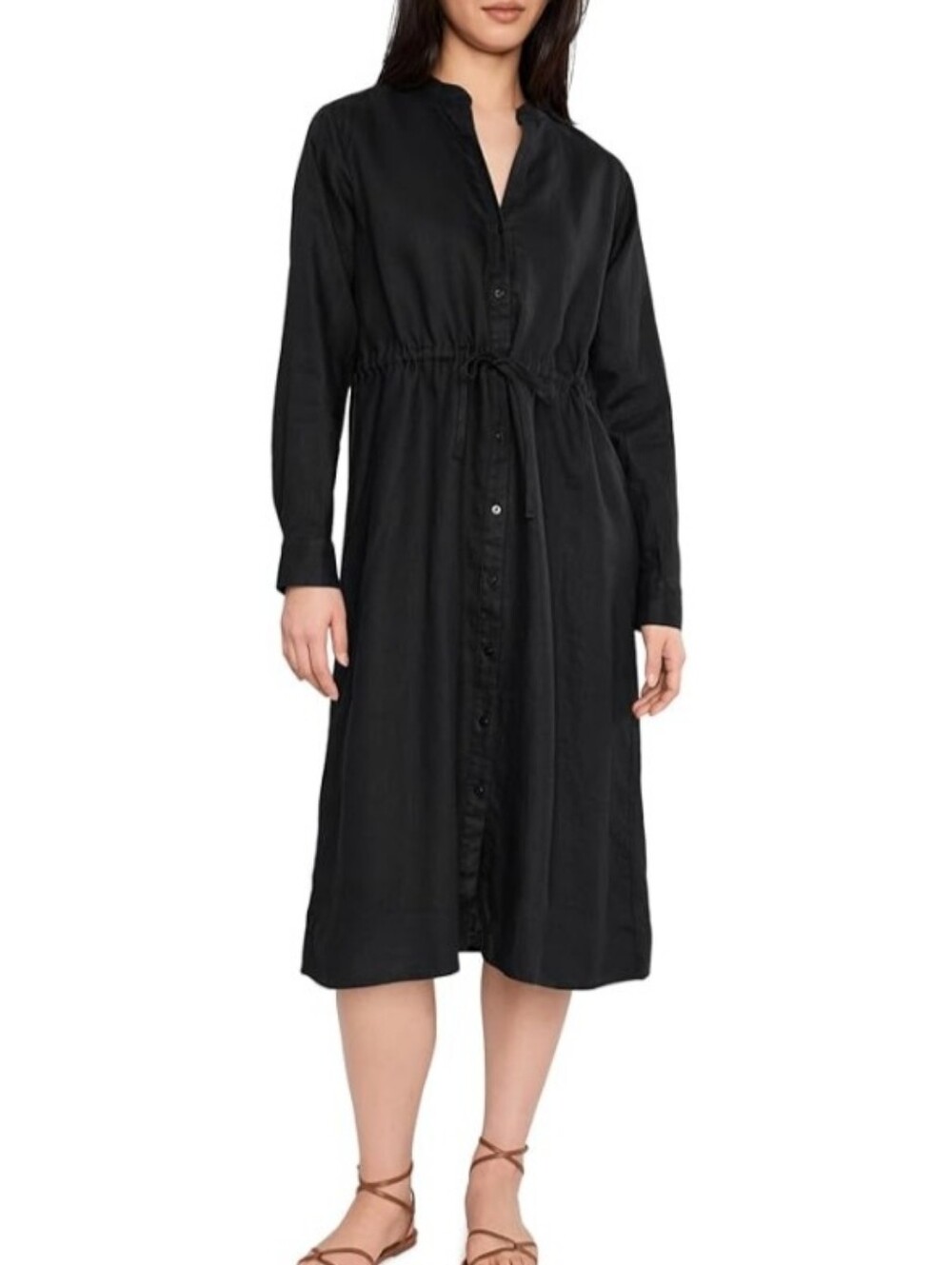 Eileen Fisher Silk Tie-Waist Button-Down Midi Black Shirt Dress Size L